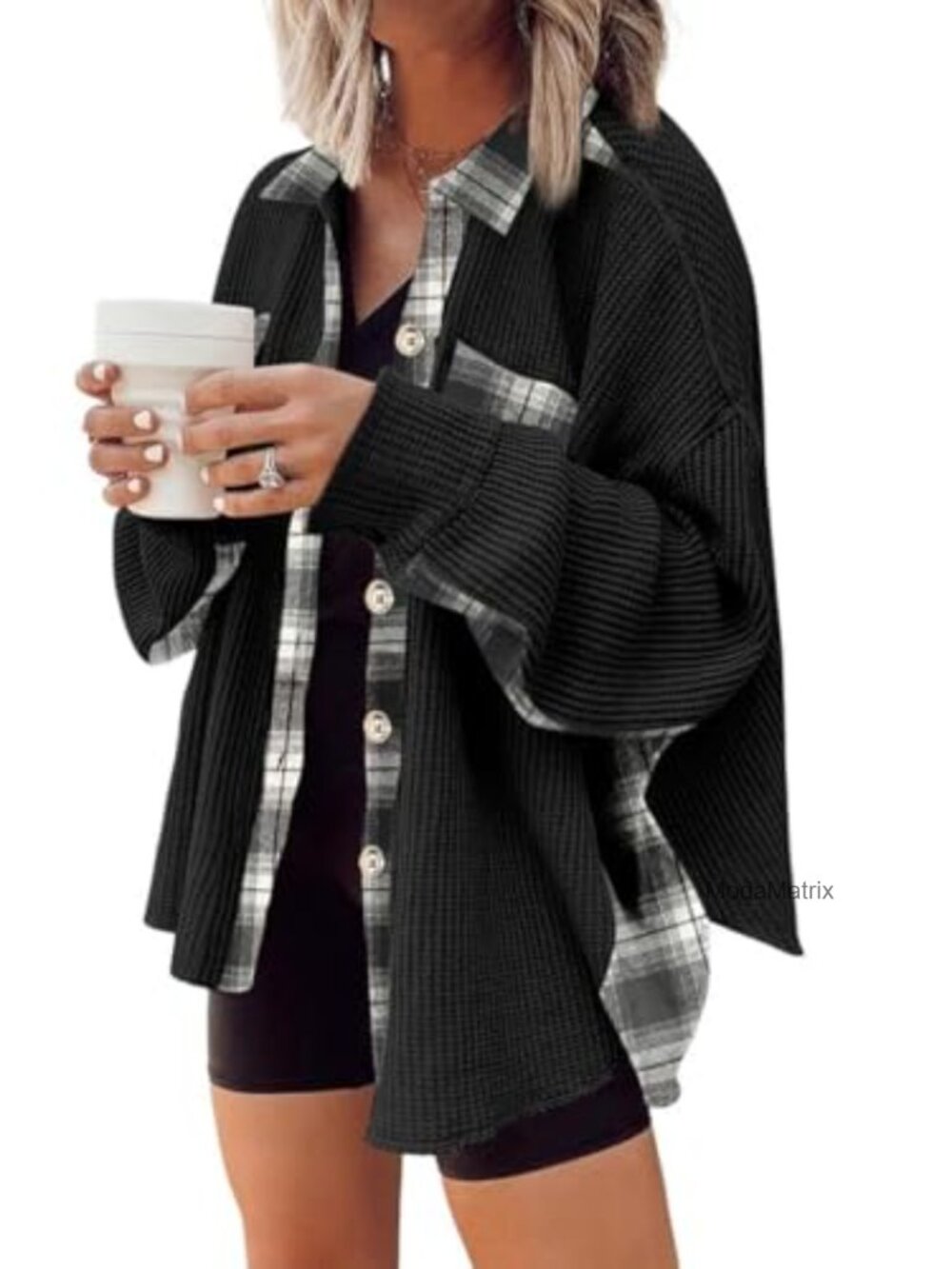 Waffle Knit Plaid Shacket Button Down Flannel Shirt Long Sleeve